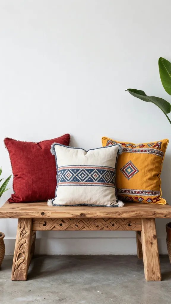 Carved wooden bench with colorful boho pillows and plants