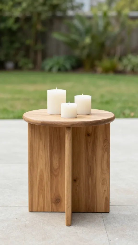 Natural wood side table with candles on outdoor patio
