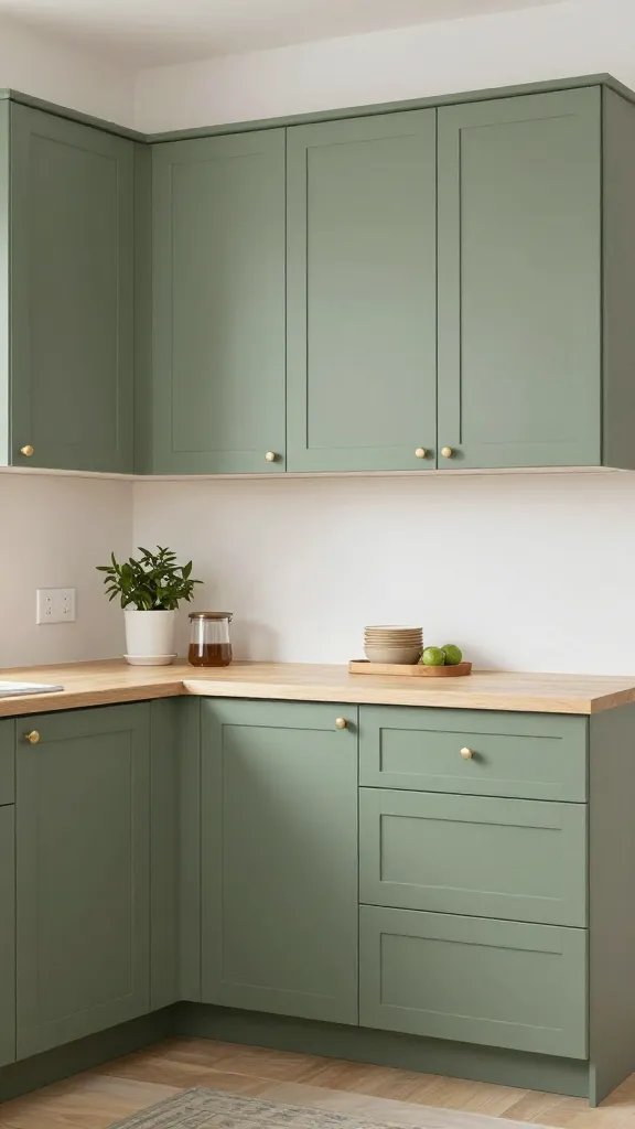 **Sage green kitchen cabinets with light wood countertops**