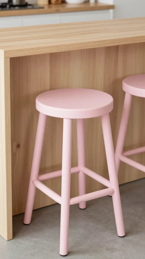 **Blush pink bar stools at a light wood breakfast counter**