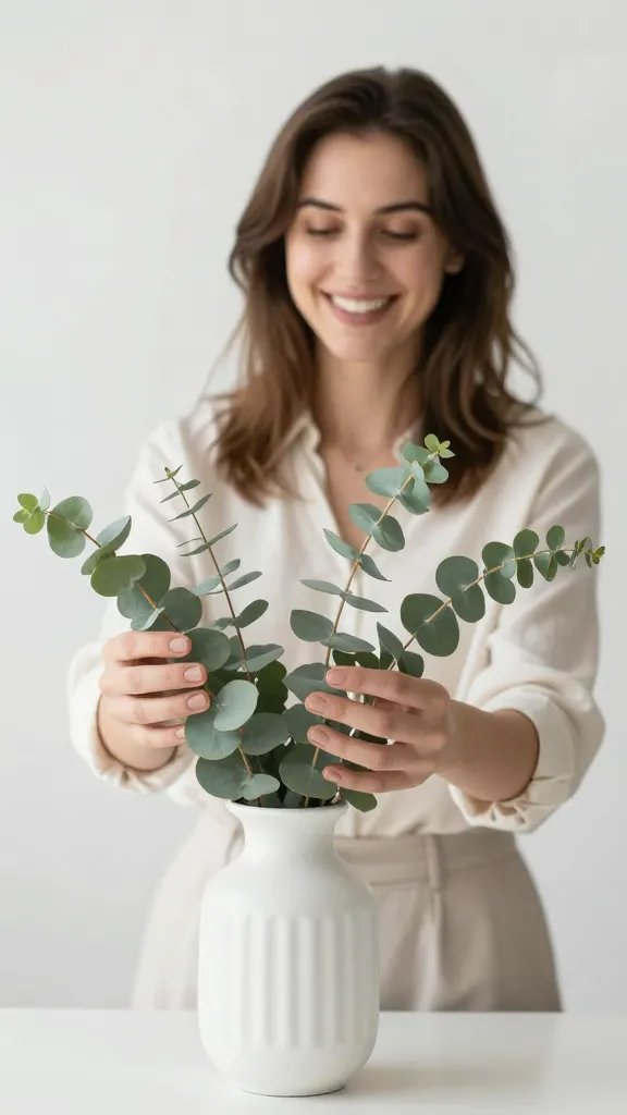 **Happy 30-year-old woman arranging eucalyptus in a white vase**