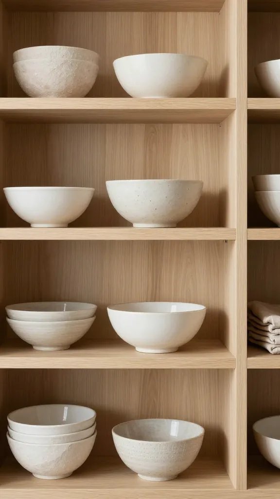 **Light wood open shelving with ceramic bowls and neutral linens**