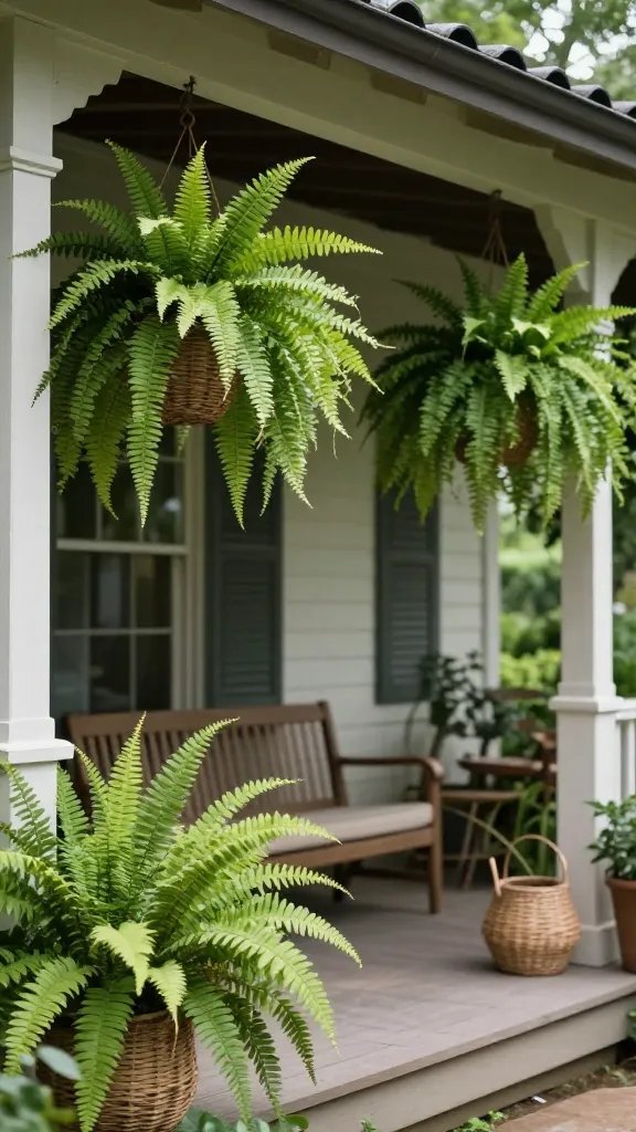 **Lush front porch with hanging ferns and woven baskets**