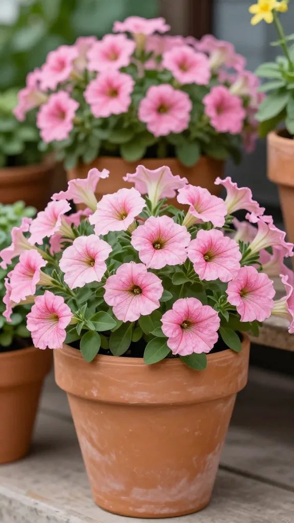 **Terra cotta flower pots overflowing with pink petunias**