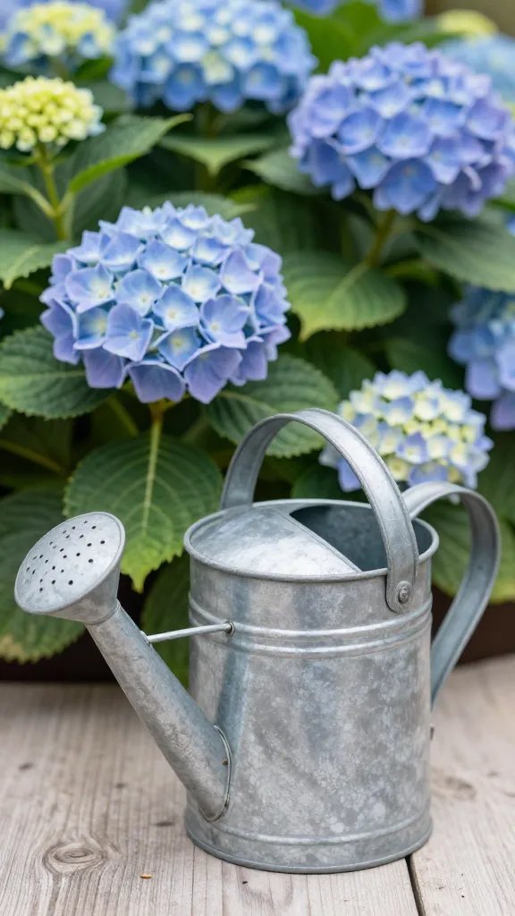 **Vintage metal watering can beside blooming hydrangeas**