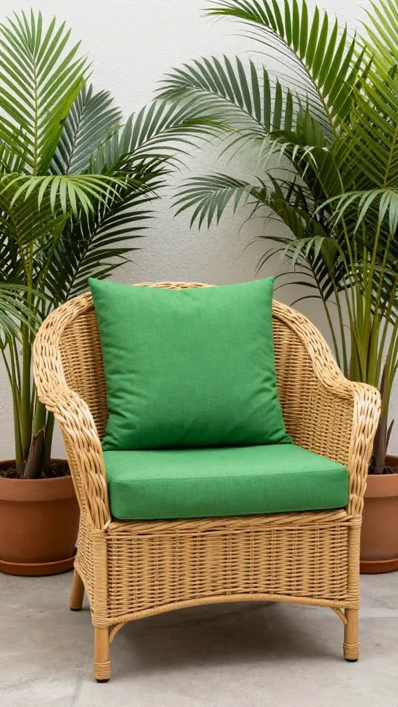 **Wicker chair with green cushions surrounded by potted palms**