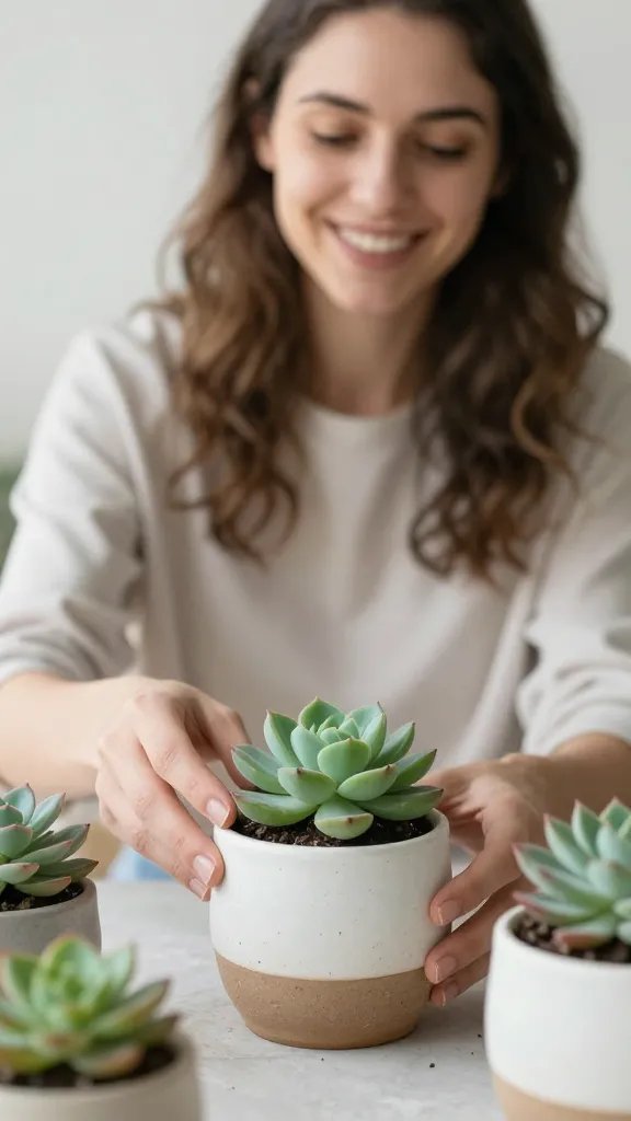 **Smiling woman arranging succulents in ceramic planters**