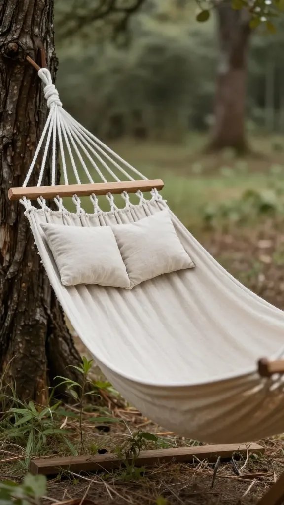 **Rustic wooden hammock between two trees with soft linen cushions**