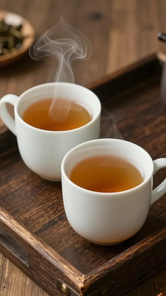 **Mismatched ceramic mugs on a worn wooden tray with steaming herbal tea**