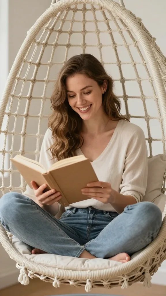 **30-year-old woman (Caucasian) smiling while reading in a woven hanging chair**
