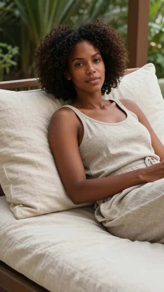 **African American woman (30s) lounging on a daybed with oversized linen pillows**Each prompt ensures rich, professional scenes aligned with slow living and mindful outdoor design. Let me know if you'd like any refinements!
