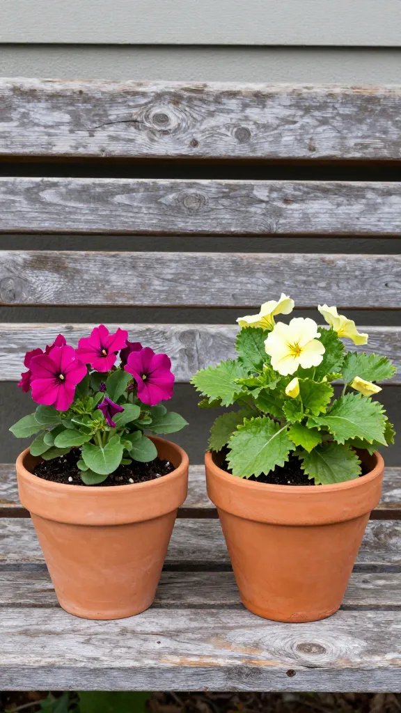 **Mismatched terracotta pots with vibrant flowers on weathered wooden bench**