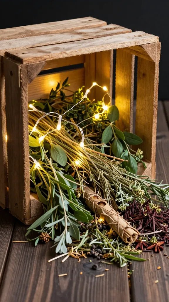 **Repurposed wooden crate spilling herbs under twinkling fairy lights**