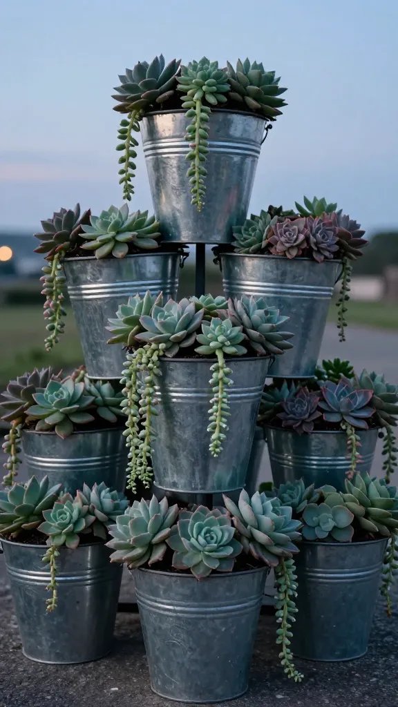 **Clustered cheap metal buckets filled with trailing succulents at dusk**