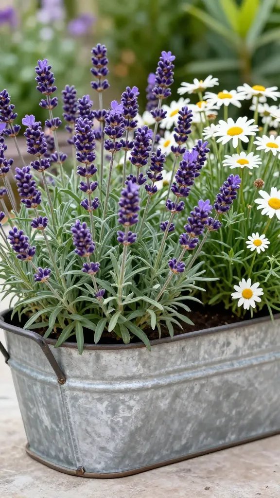 **Rustic galvanized trough planter overflowing with lavender and daisies**