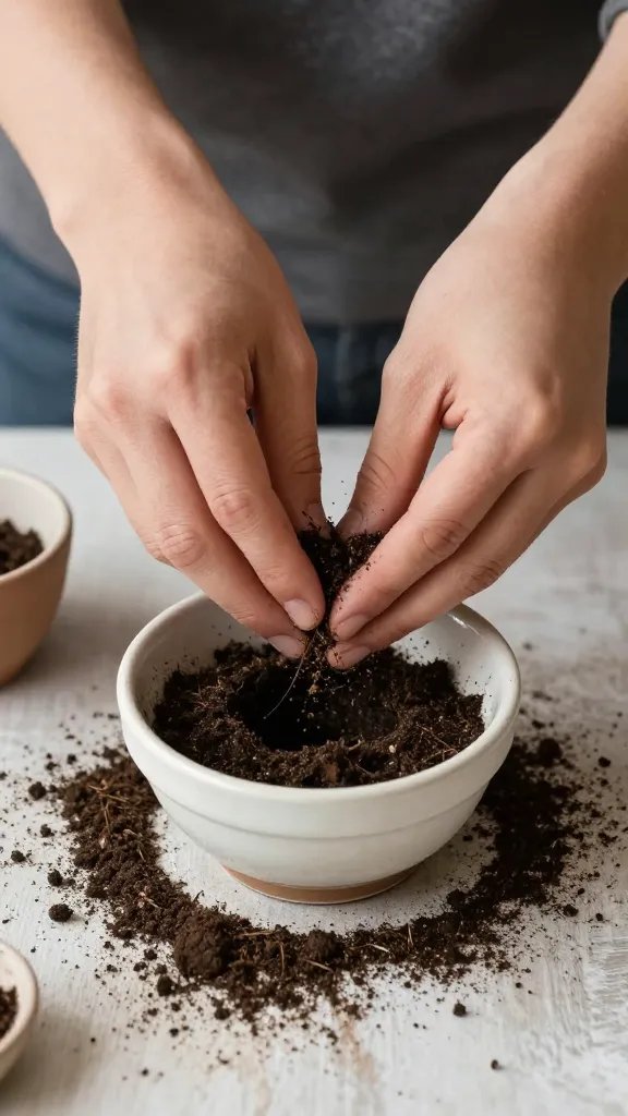 **Hands planting seedlings in thrifted ceramic bowls on soil-strewn table**