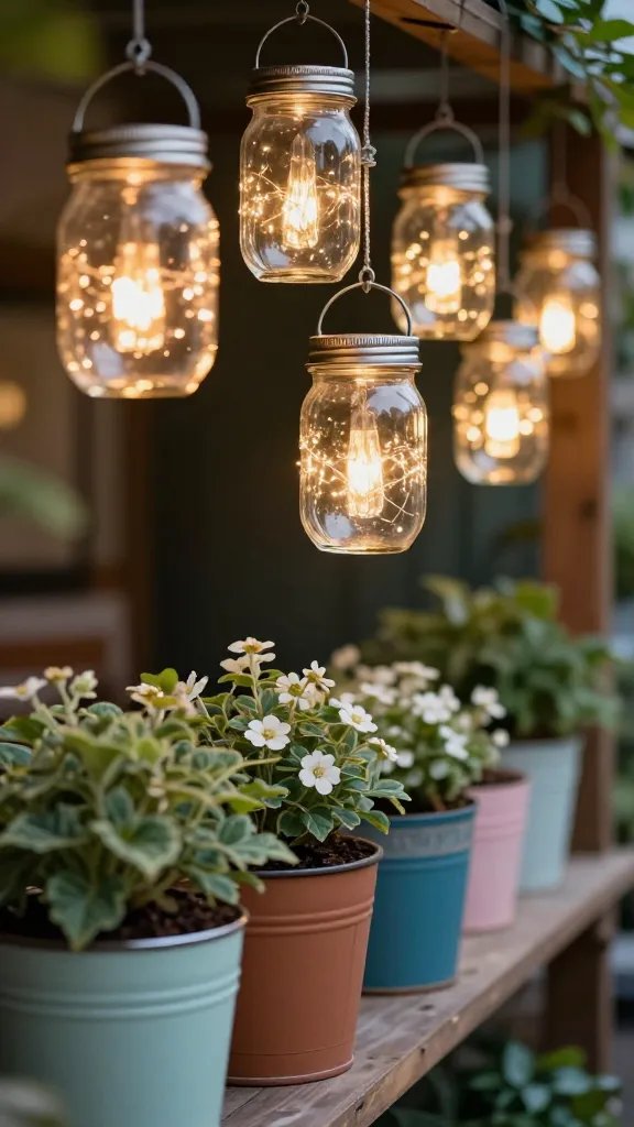 **Fairy-lit mason jar lanterns hanging above a row of painted tin can planters**