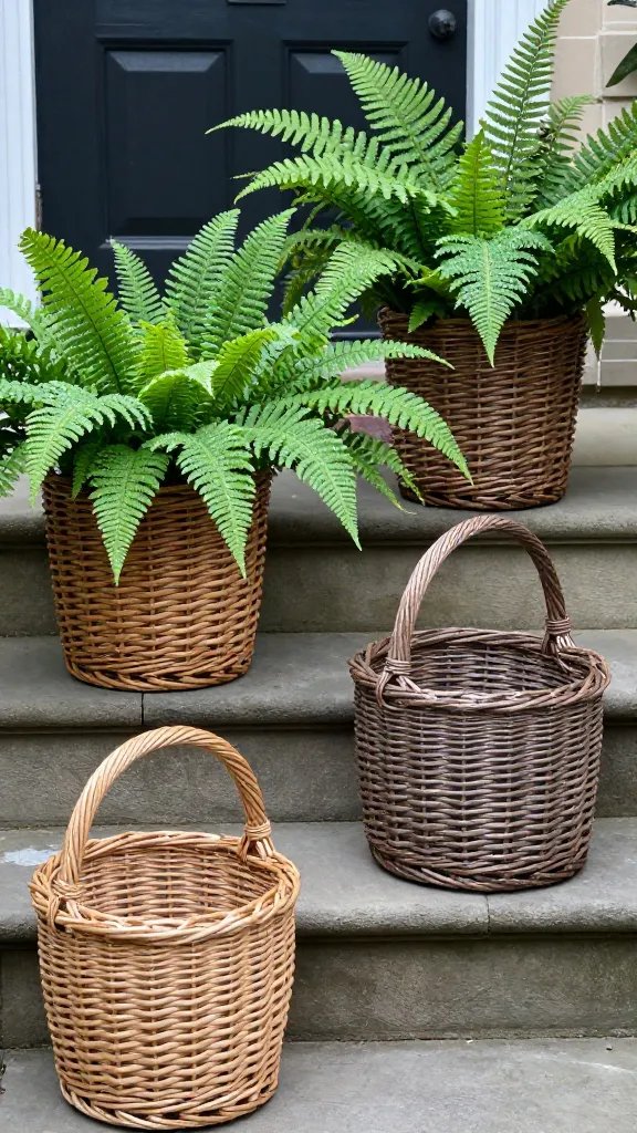 **Dew-kissed ferns in upcycled wicker baskets on stone patio steps**