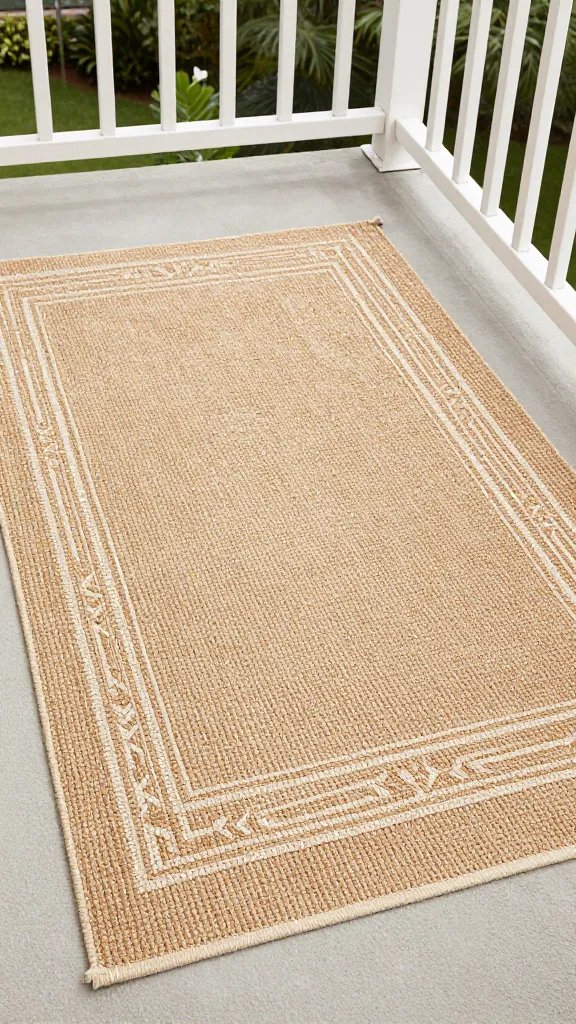**Layered outdoor rugs on balcony: jute base with patterned top**