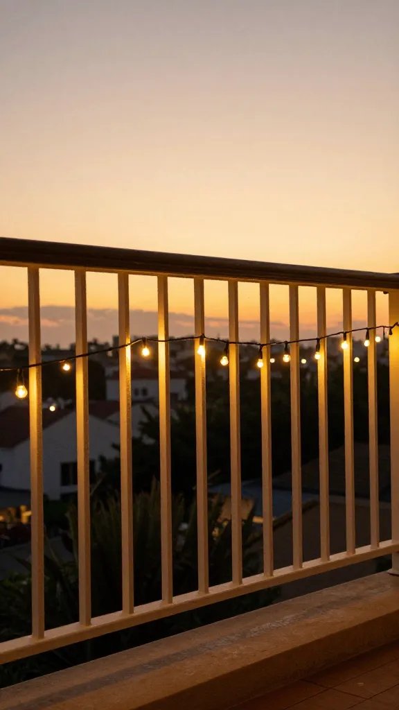 **String lights woven through balcony railing at golden hour**