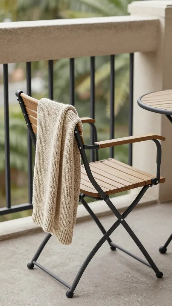 **Folding bistro chairs with knit throw draped over arm**