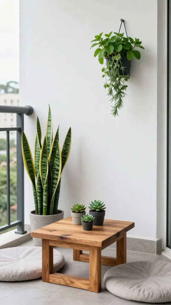 **Small balcony with floor cushions and low wooden coffee table**
