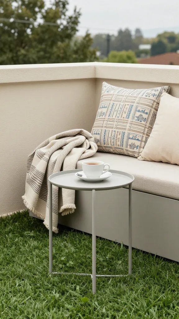 **Faux grass rug with minimalist metal side table and teacup**