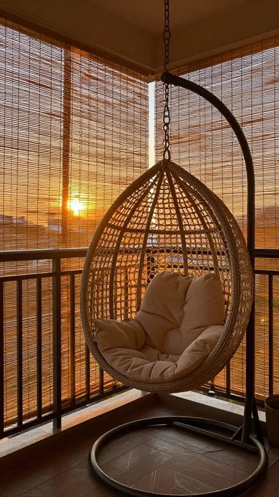 **Cozy hanging chair with macrame pillow, backlit by sunset**