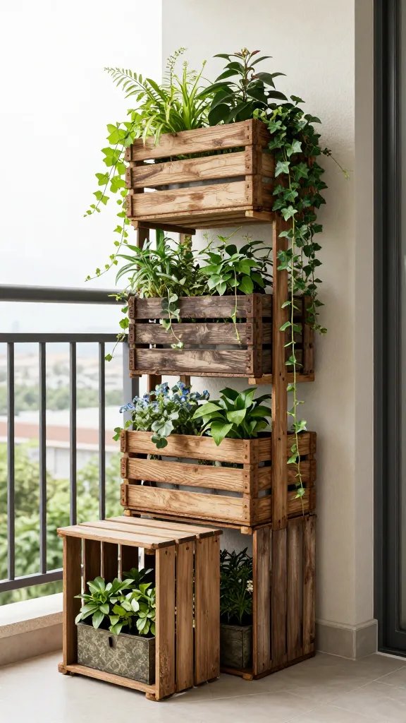 **Stacked vintage crates as plant stands with trailing ivy**Each prompt avoids text, focuses on rich details, and keeps any human presence subtle (e.g., a hand holding the teacup in #5 or blurred legs in the hanging chair for #6).