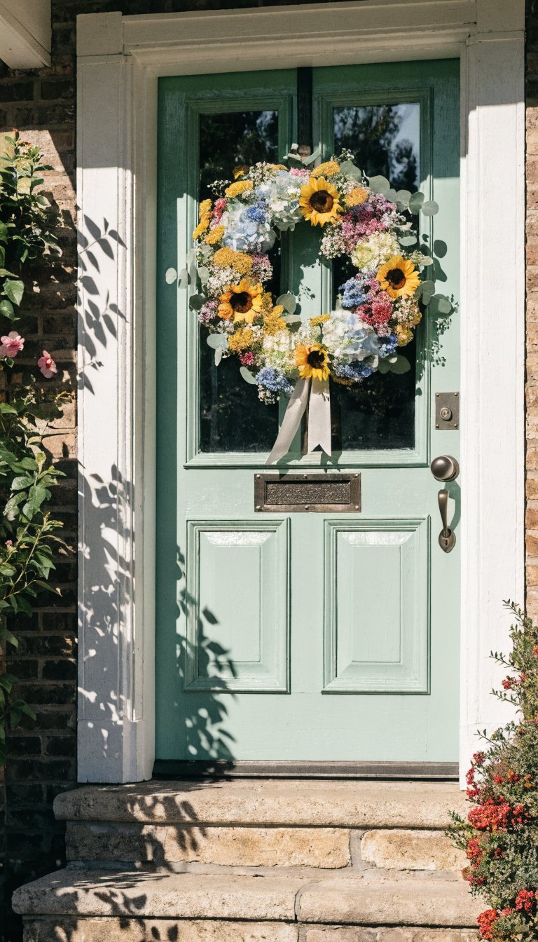 Polished front door with fresh white frame, glossy mint door, summer wreath