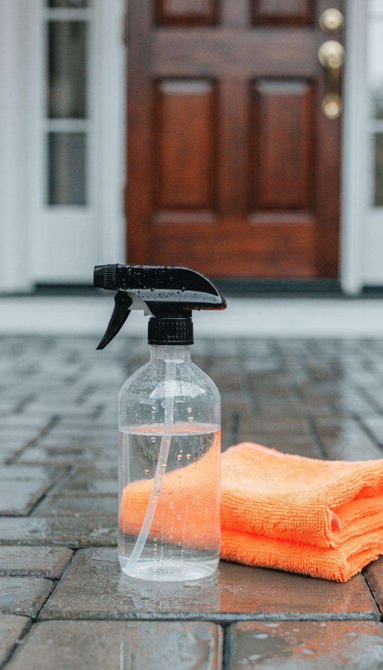 Clean porch scene: spray bottle, microfiber cloth, soft blur of backdrop entry
