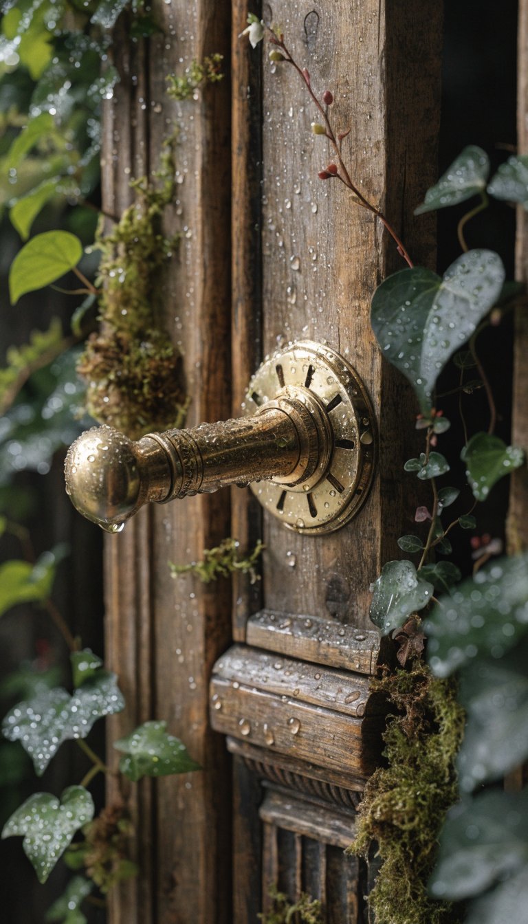 Rustic hardware upgrade on door, dew-kissed greenery in vignette