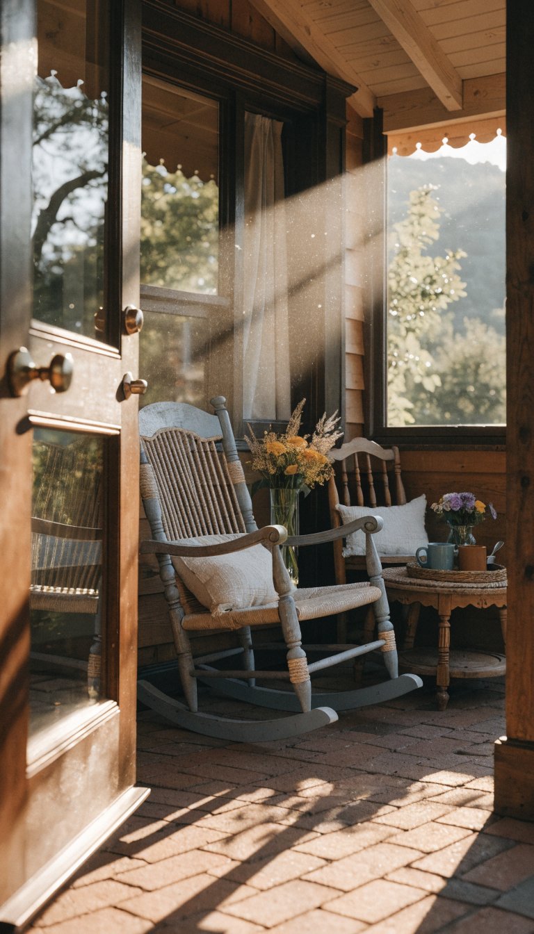 Warm porch seating by door, light breeze, hands-wiped sill in focus