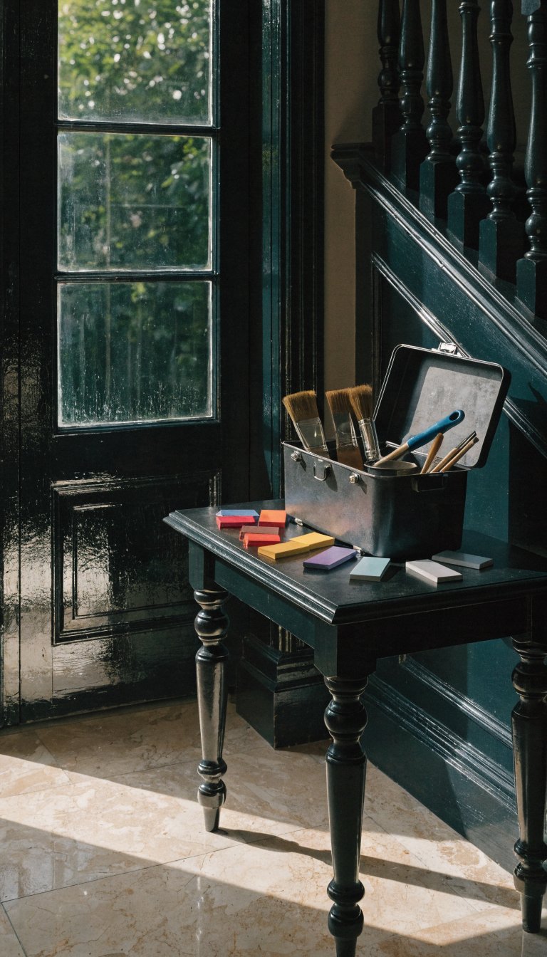 Entryway prepared: toolbox open, bright paint chips, glossed door surface