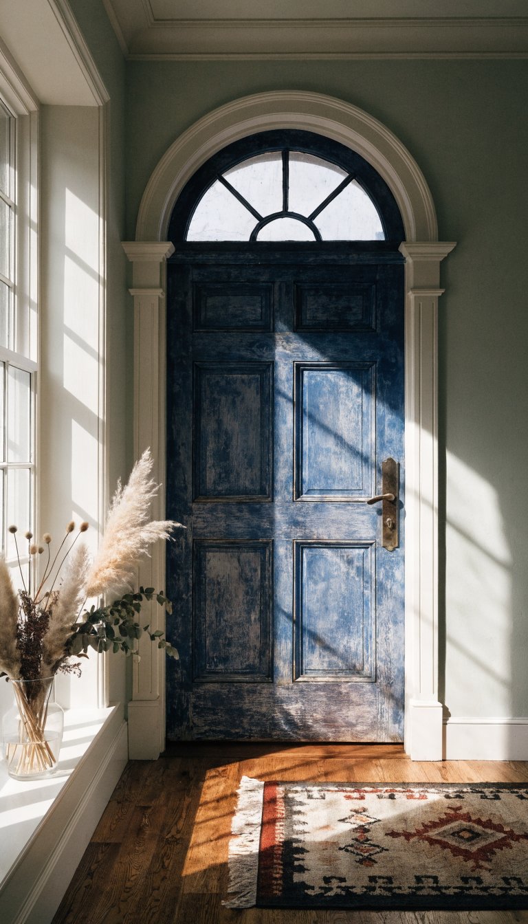 Dusty blue door against sage wall, woven tapestry rug, natural light