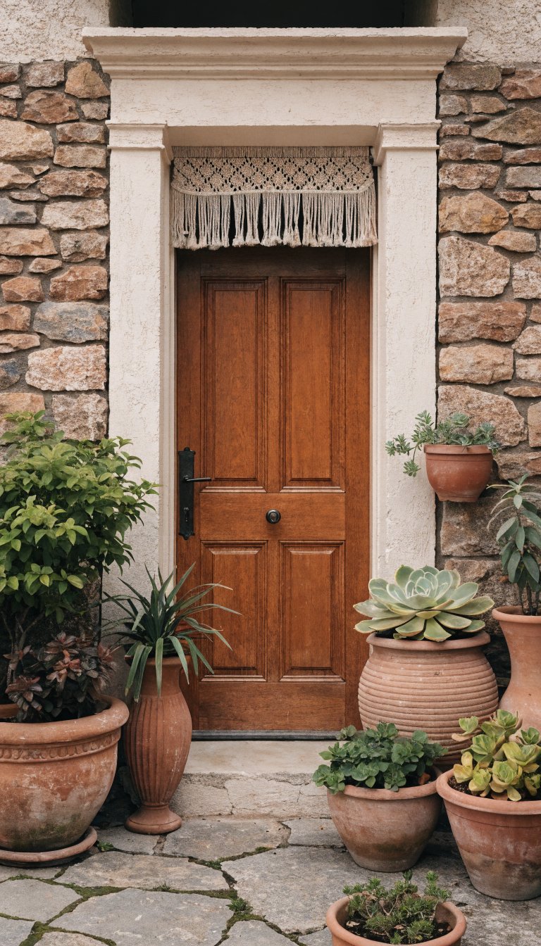 Terracotta door, cream trim, hanging macramé, terracotta pots, soft shadows