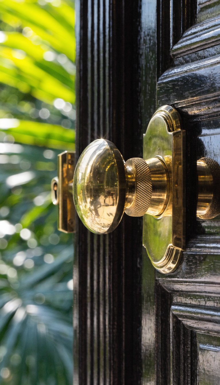 Close-up of door hardware and color contrast, blurred greenery background