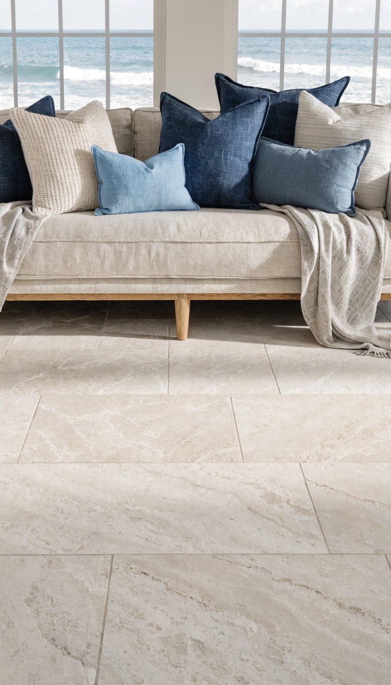 Coastal blues on throw pillows, soft neutrals, natural textures