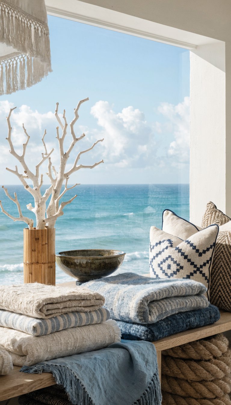 Bright daylit scene, ocean-inspired accents on console shelf
