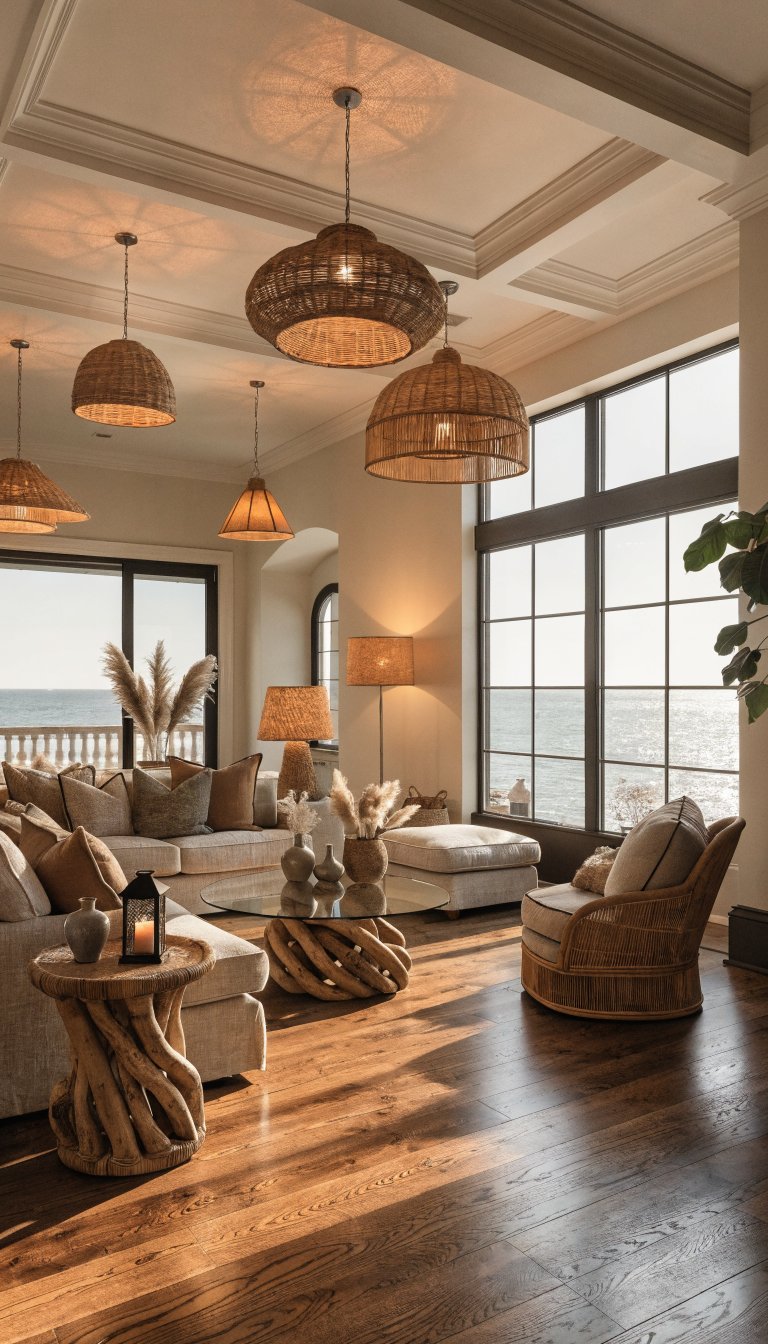 Wide-angle shot of serene coastal lounge with glass windows
