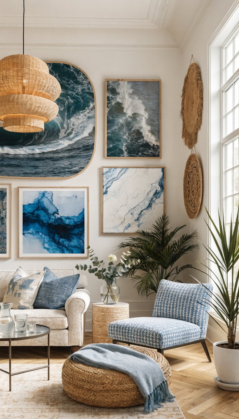 Modern coastal living room, airy vibe, plants and woven textures