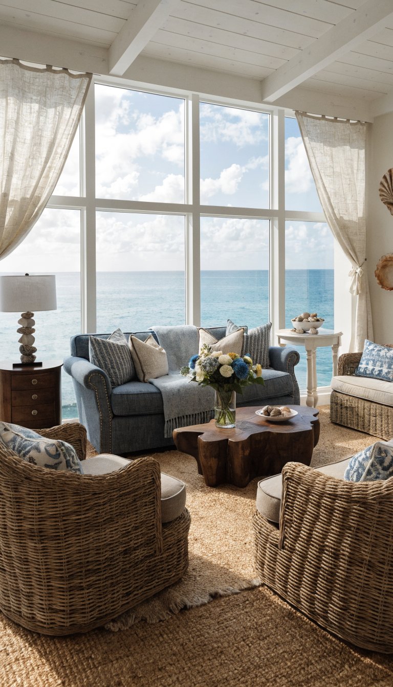 Textured textiles: linen drapes, jute rug, wicker chair