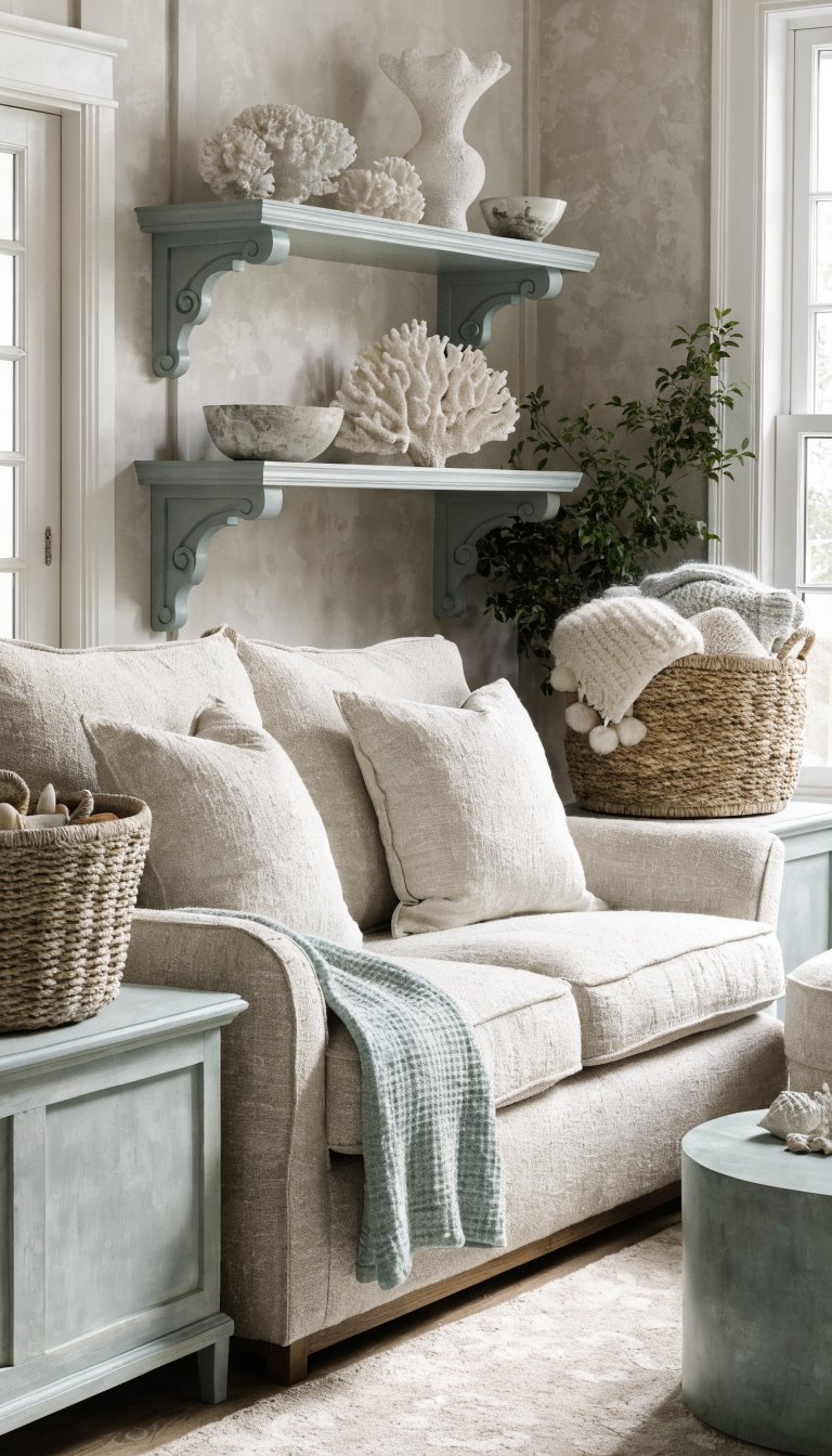 Minimal seashell vignette, neutral sofa, seafoam accents