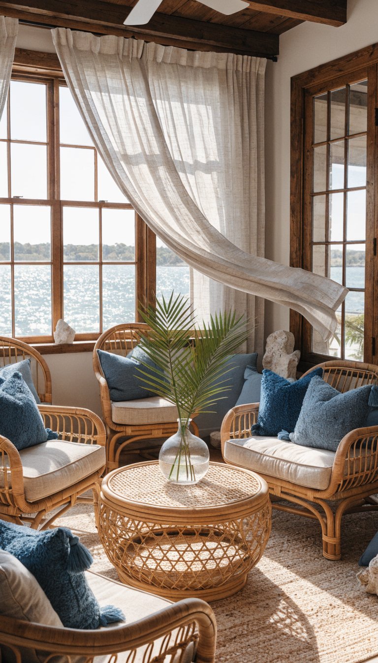 Light linen curtains, woven rug, rattan coffee table, ocean-blue pillows
