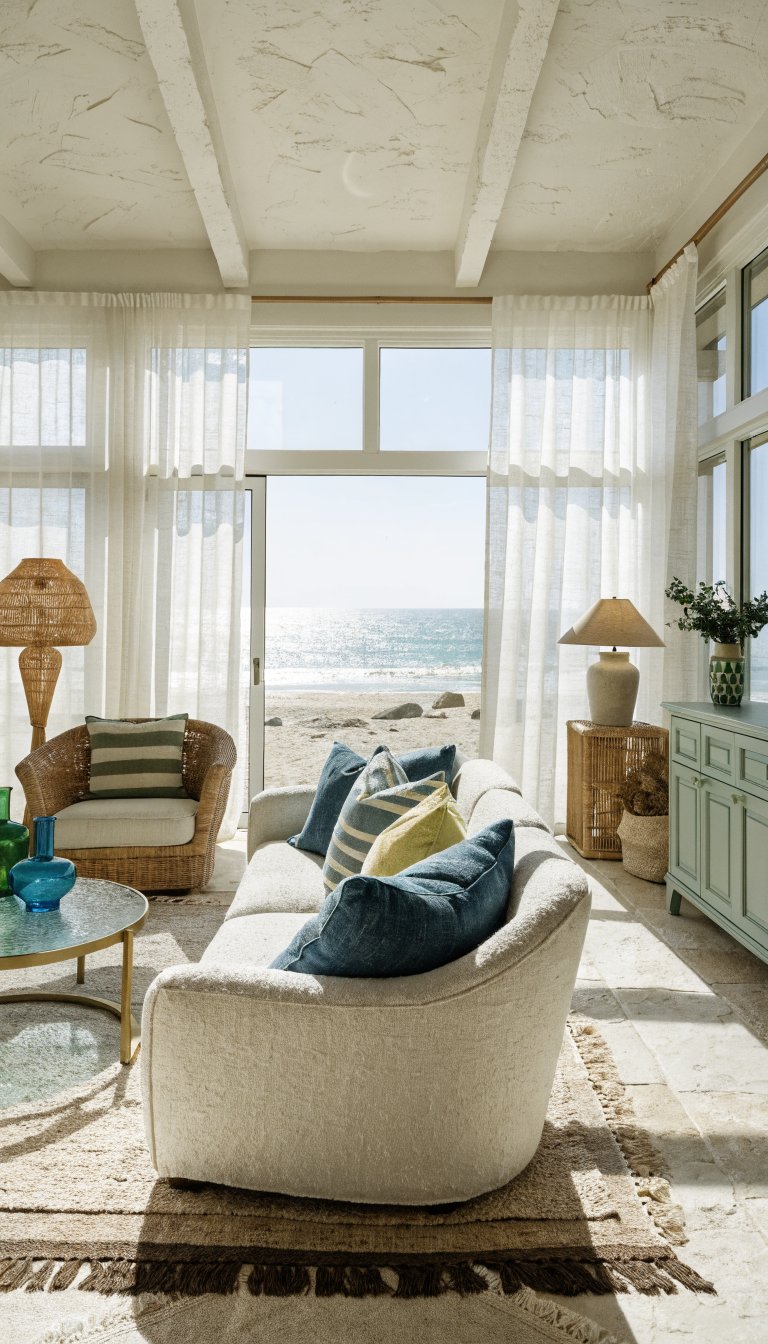 Sunlit coastal living room with warm whites, sand tones, seafoam accents