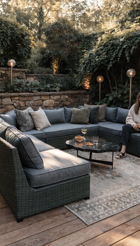 A luxurious backyard setting featuring a plush U-shaped outdoor sectional arranged as the centerpiece, with deep, plush cushions and a curved configuration, supported by a sturdy aluminum frame wrapped in weather-resistant PE rattan. The scene is set during golden hour to highlight luxe textures and natural lighting, with all-weather cushions and removable covers showcasing subtle sheen. Include ambient elements like a low coffee table, soft throw pillows, and a chic outdoor rug, plus greenery, modern outdoor lighting, and a hint of a private resort vibe. The main subject is the sectional itself—the focal point of a cozy, social gathering space designed for hosting friends and family for hours. If a person appears, they must not be the main focus; any visible person should be a happy, relaxed 30-year-old woman who is Caucasian, lightly present (back turned, partially cropped, blurred, or only hands/feet visible), or in a 3:1 ratio, African American, not dominating the image. No text on the image. Realistic, high-quality photography with natural shadows, depth, and a serene, upscale outdoor atmosphere.