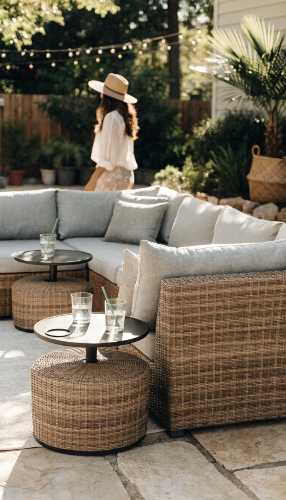A realistic, high-quality outdoor patio scene featuring a modern luxury modular sectional set arranged in a flexible island layout on a sunlit backyard patio. The scene showcases weatherproof cushions in soft, neutral tones with quick-dry foam, paired with fade-resistant resin wicker in a warm, natural hue. The modular components are arranged in an L-shape with an adjoining straight section and a couple of end tables, with one corner sofa angled to create an inviting island feel. Subtle accessories include a lightweight outdoor rug, a few potted plants, and ambient string lights overhead to suggest an evolving evening atmosphere. The main subject is the “Seamless Island Collection” as the focal point, with no text present in the image. A happy, relaxed 30-year-old woman is present in the background, partially visible with back turned, blurred, or cropped (hands or feet visible), caucasian, not the main focus, adding a candid, lived-in vibe. The overall composition emphasizes modular versatility, comfort, and a cozy backyard oasis.