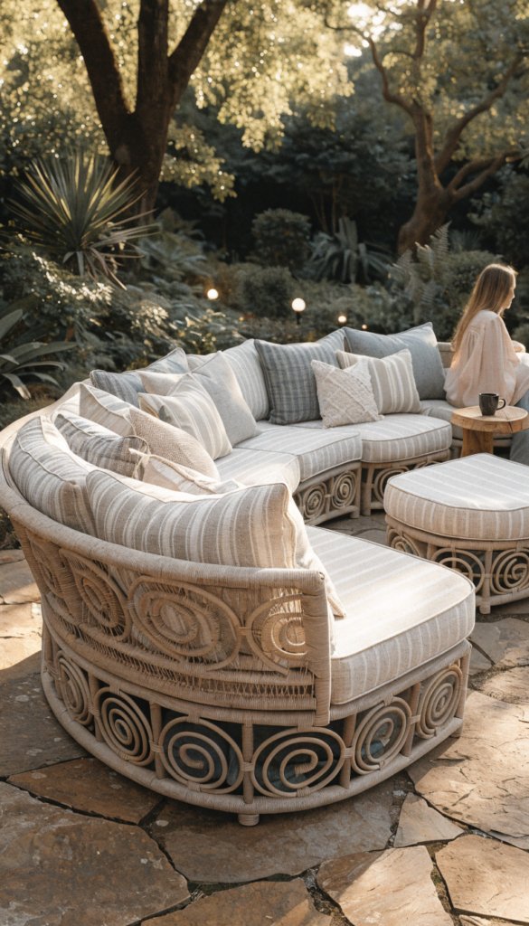A high-resolution, realistic outdoor living scene featuring a luxurious corner sectional set with plush weatherproof cushions in soft, neutral tones arranged in a cozy nook. The setting is a sunlit backyard at golden hour, with lush greenery and subtle garden lighting. The sectional is configured in a rounded L-shape with high backrests, plus a small cushioned ottoman nearby that can convert the space into a lounge bed. Include non-slip cushion grips visible on the upholstery and a subtle coffee mug on a side table to suggest quiet morning coffee or a late-night chat. The main subject should be a calm, inviting corner presence—an entire cozy seating zone that feels like a hug you can sit on. If a person appears, they should be non-dominant in the frame, with a happy, relaxed 30-year-old woman who is Caucasian, shown softly in the background (back turned or partially cropped), or a blur/only hands visible, ensuring she is not the main focus. The overall mood is intimate, tranquil, and luxurious, with natural light, high detail, and photorealistic textures of woven rattan or resin wicker, weatherproof fabrics, and a subtly glowy ambiance. No text on the image.