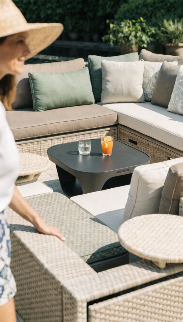A high-resolution, photorealistic outdoor living scene featuring a luxurious all-in-one outdoor sectional set with integrated built-in storage under the seats and moisture-resistant cushions, arranged in a stylish backyard or poolside patio. The sectional is arranged in a U-shape around a low, modern coffee table with built-in USB charging options visible on the side (subtle indicator lights). Durable, weatherproof weave in warm, neutral tones, with plush cushions in coordinating colors, and hidden storage compartments slightly ajar to hint at stowaway space for cushions and blankets. The setting includes small side tables with sleek, integrated surfaces and a hint of greenery or potted plants in the background, with a hint of water feature or pool edge to emphasize outdoor luxury. The scene is captured in natural daylight with soft shadows, showcasing the clean lines, premium textures, and overall clutter-free, chic aesthetic. A casually dressed 30-year-old woman (Caucasian) is present near the edge of the frame, partially cropped and out of focus, appearing happy and relaxed as she stands with a slight smile, her hands resting near the cushions, ensuring she is not the main focus of the image. No text overlays.