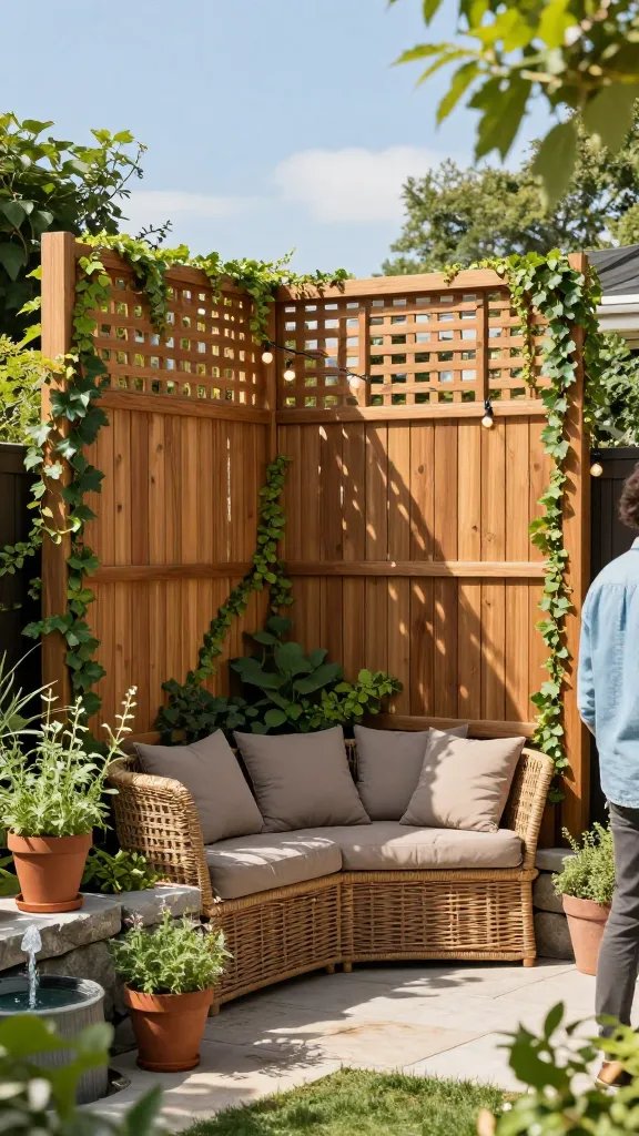 A sunlit backyard where a freestanding privacy screen creates a secluded nook: a solid, tall lattice-panel with alternating panels of cedar slats and soft-filtered ivy creeping along the edges. Include a low stone retaining wall, a woven rattan bench with plush taupe cushions, and warm string lights above. The scene is lush with potted herbs and a small water fountain; the sky is bright and clear, casting gentle shadows across the privacy barrier. A barely visible person stands off to the side, cropped at the waist, wearing a light denim shirt, with their back toward the camera.